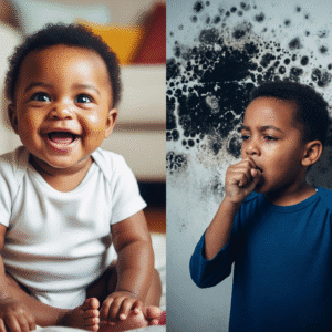 Healthy Baby vs. Child Coughing Near Moldy Wall